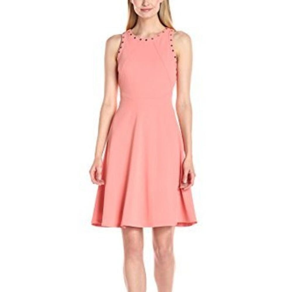 Ivanka Trump Scuba Crepe Fit & Flare cocktail work Dress Studded coral 6 NWT